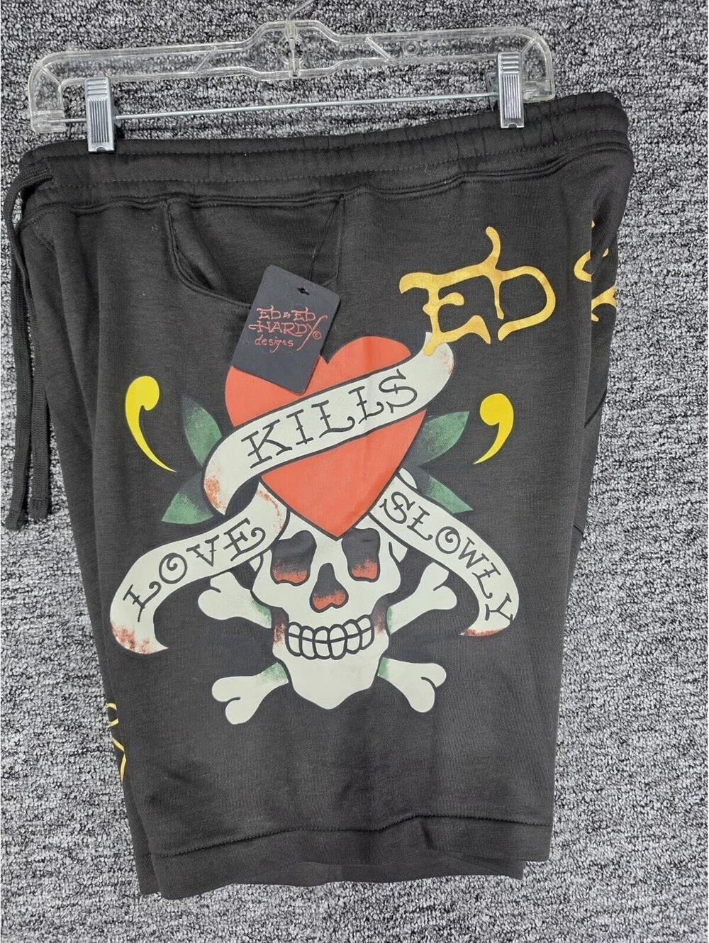 Ed Hardy Graphic Print Fleece Sweat Shorts Men Drawstring Pockets Charcoal M 8
